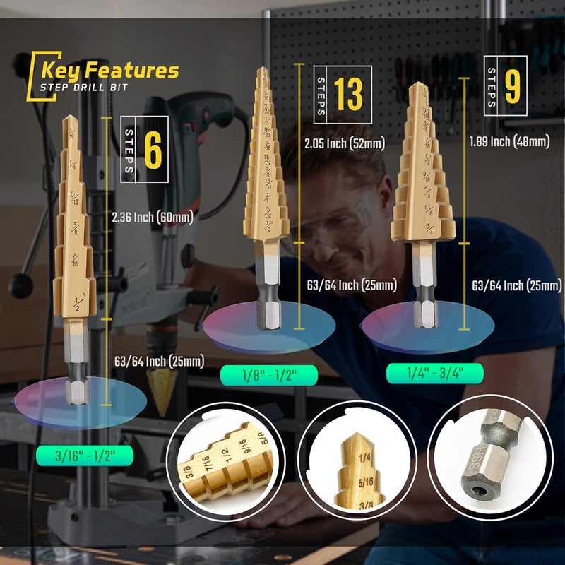 Cortool Titanium Step Drill Bit Set - 3PCS High Speed Steel Unibit, 1/4" Shank, Total 28 Sizes 3/16" - 1/2" - Image 3